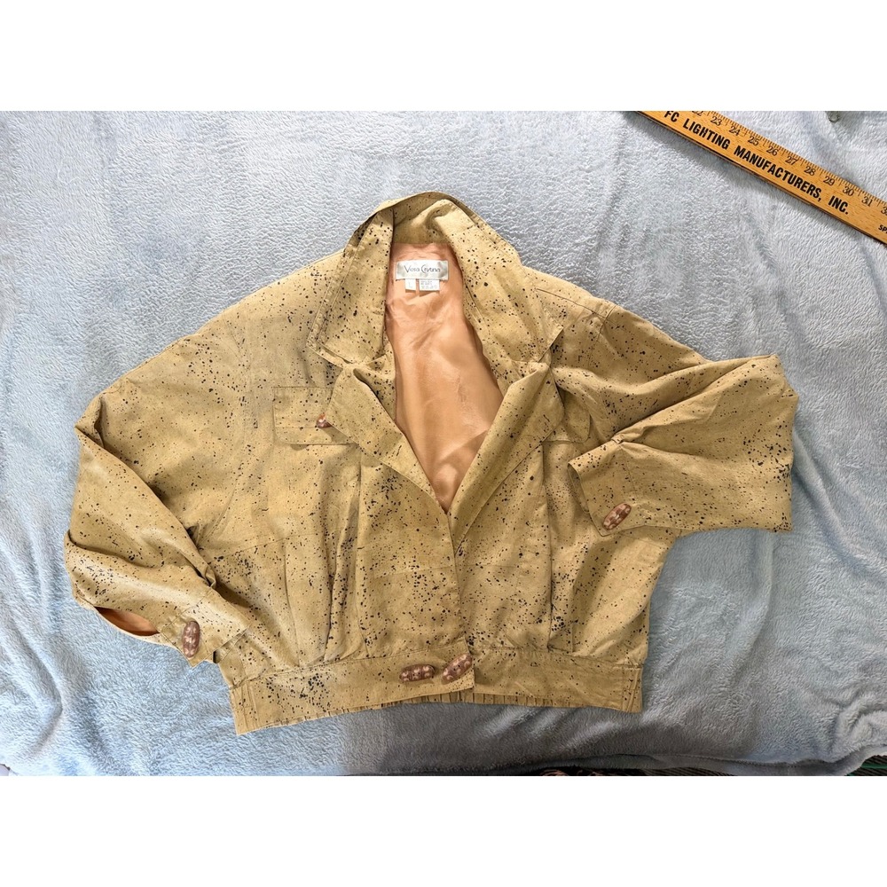 Vera Cristina Vintage 100 Silk Splatter Print Cropped Bomber Jacket Tan Large - Picture 6 of 11